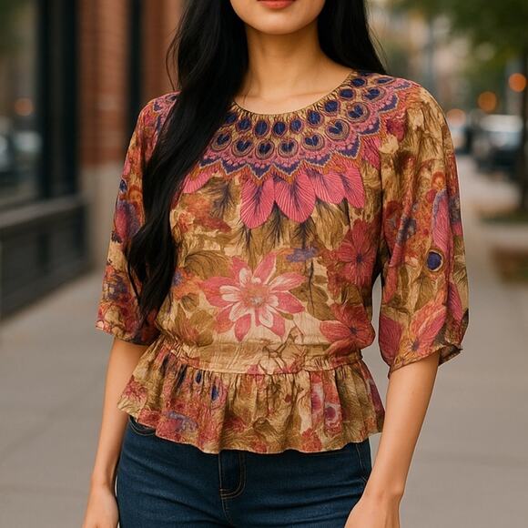 Chico's Boho Feather Print NEW Blouson beaded tunic blouse size 1/MEDIUM - Picture 1 of 13